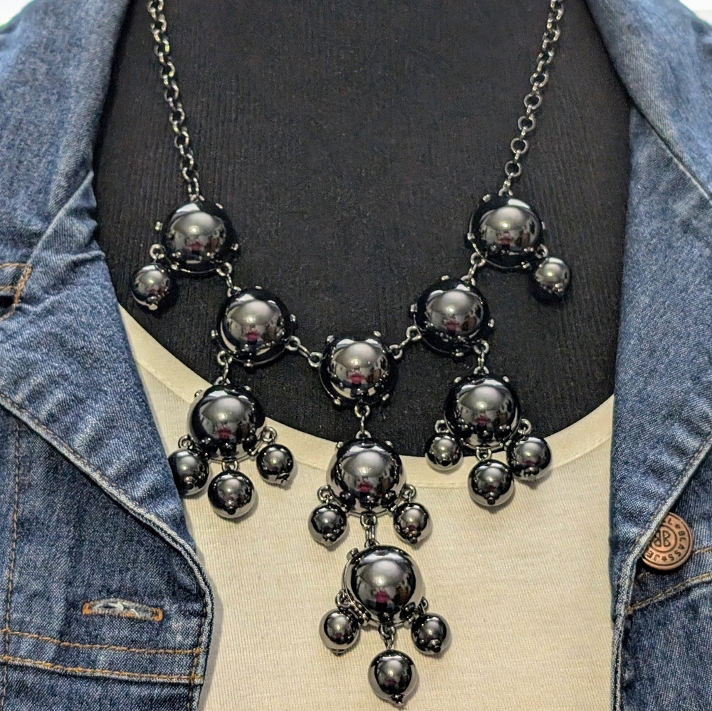 Black Metal Bauble Acrylic Bead Drop Bib Style Necklace